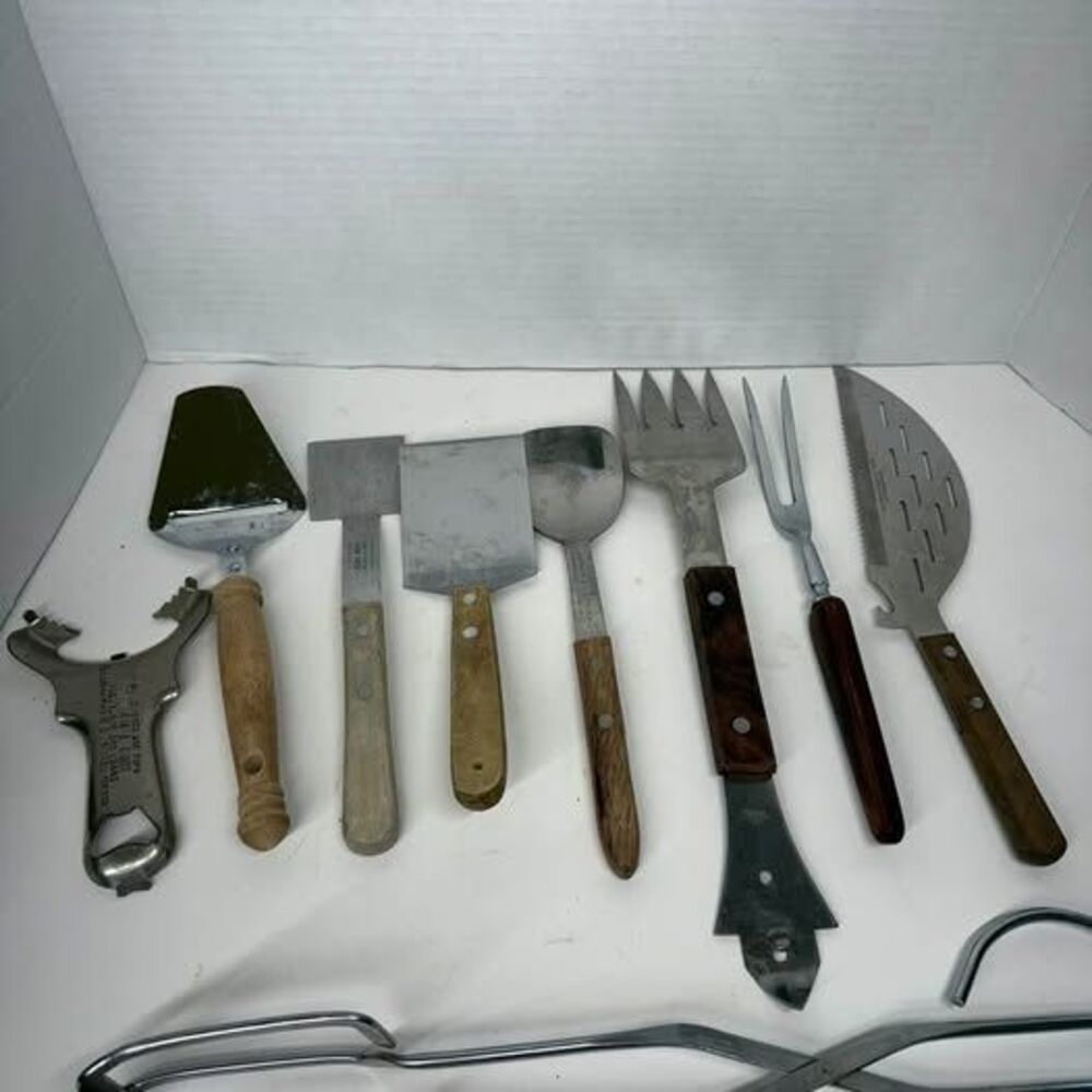 Vintage Wood Handle Kitchen Utensil Lot of 9 Stainless Steel